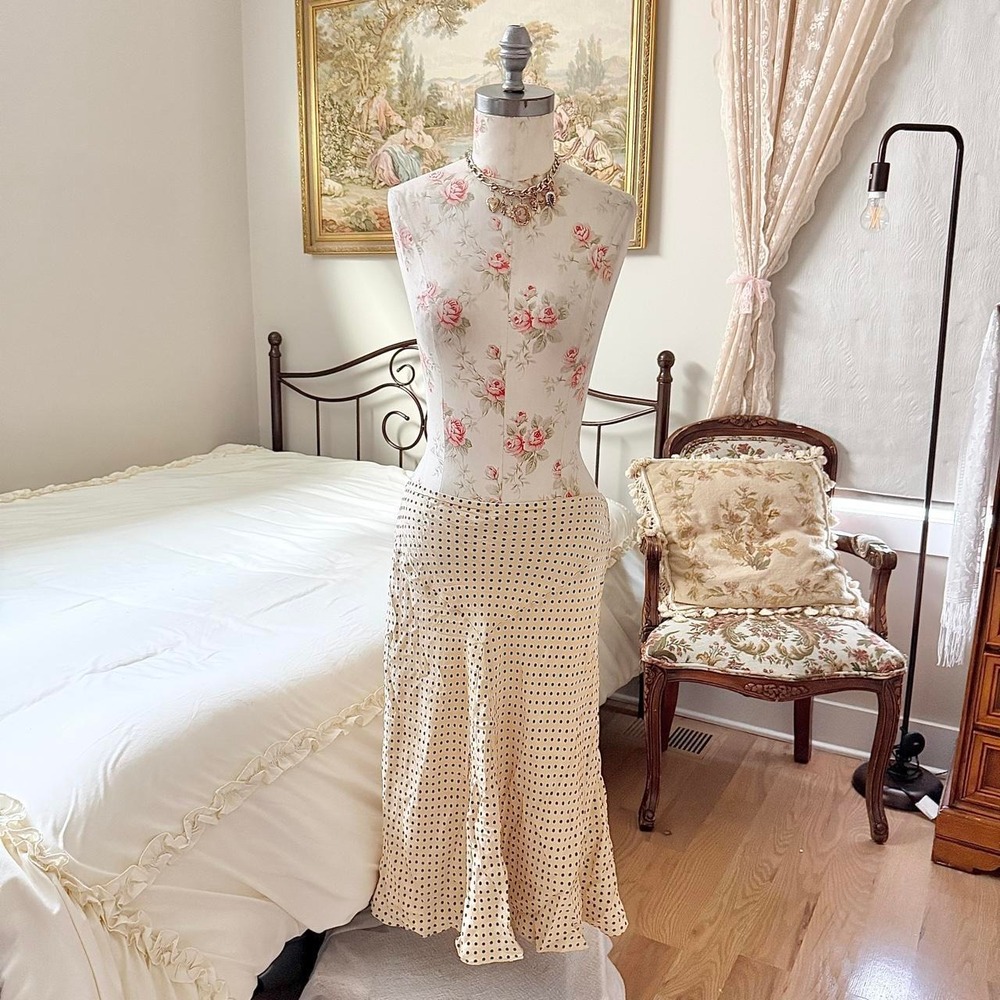 Y2K Allison Taylor size large 100% silk cream and black polka dot midi skirt